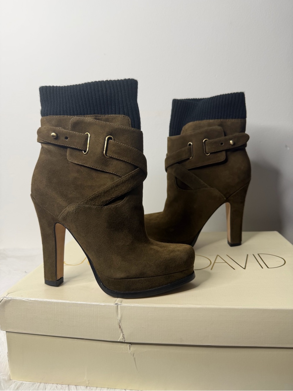 Joan & David Olive Suede High Heel Ankle Boots with Knit Cuff